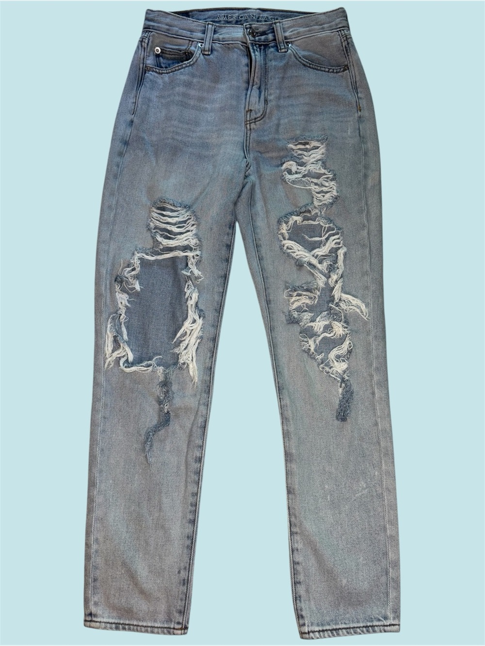 American Eagle Light Wash Distressed Ripped Mom Jean